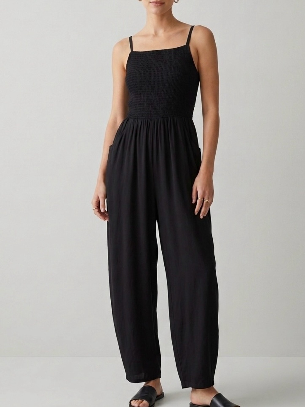 NWT American Eagle Black Smocked Linen Blend Jumpsuit XXL New Coastal Boho